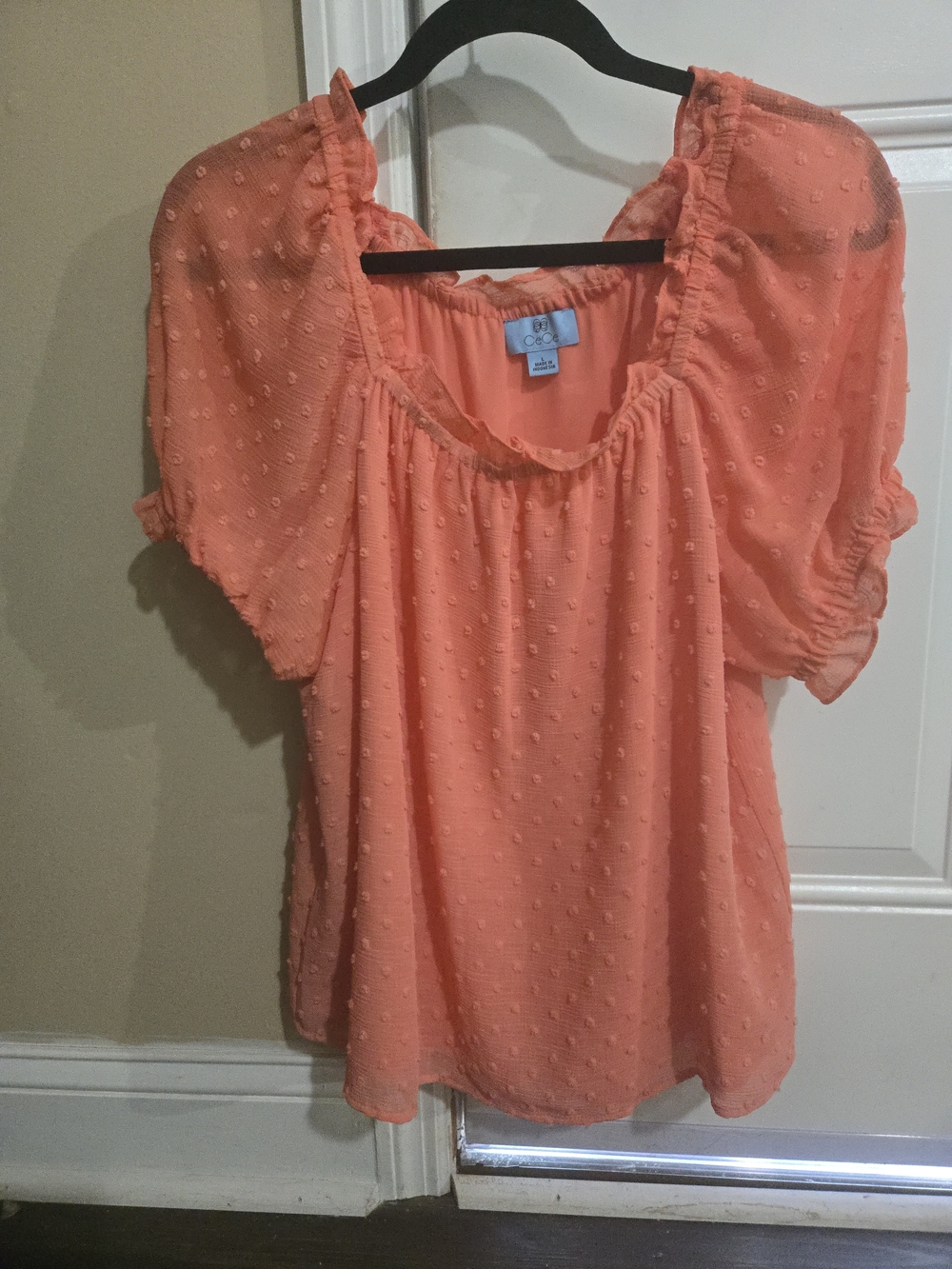 CeCe Coral Dot Peasant Top